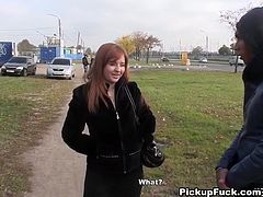 Naughty girl with big boobs and feisty red color hair is going kinky in the public park. She kneels down wrapping hard dick with her tender lips sucking dick deepthroat.