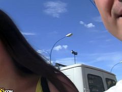 Two buff studs pickup one torrid brown haired teeny whore right on the streets. Sh exposes her tight teeny cunt and gets her sweet butt squeezed.