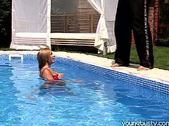 Gosh, dude, you just need to see this incredibly hot Young Busty sex clip. Zealous blondie in wet red top jams her boobs. Her nipples are already fist and slut moans while being fucked missionary right near the pool.