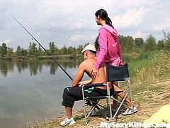 Brunette chick Martine has got stunning body shape with appetizing firm tits. Sitting on a stool near the river she opens her legs letting the guy eat her cooch. Then she takes his dripping stick in her mouth sucking it like tasty lollipop.