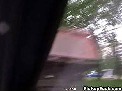 Cute blond chick blows dick in a car at a day time