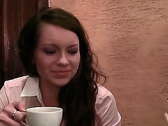 Sexy brunette gets fucked hard in her wet tight pussy by her boyfriend in a public toilet.