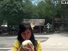 Sexy Asian babe in yellow outfit Bella gets horny and masturbates in a public solo scene