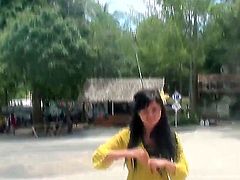 Sexy Asian babe in yellow outfit Bella gets horny and masturbates in a public solo scene