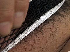 Alluring Japanese slut in fishnet lingerie with eyes blindfolded and hands cuffed gets her bearded vagina tickled with vibrator before she gets fingered zealously in close up sex clip by Jav HD.