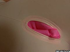 Blonde mother-in-law catches her son-in-law making love to a doll as he face fucks it and fucks it. She comes in and takes over to give him head and let him pound her shaved cunt.