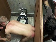 Josh West, Riley Vlcek and many other buggers are having fun in a public bathroom. Josh gets bound and spanked and then sucks dicks through gloryholes and gets his butt ripped apart.
