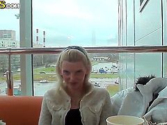 Sexy bllonde gets fucked hard in her wet tight pussy by her boyfriend in a public toilet.