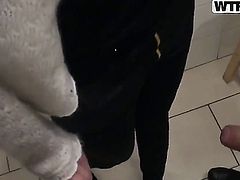 Sexy bllonde gets fucked hard in her wet tight pussy by her boyfriend in a public toilet.