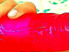 Hot young slut Trisha is sucking up some big red dildo dick to make it wet and please her twat by masturbating it with that dildo toy.