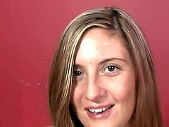 Amateur brunette Jenny Badeau with wedding ring on hand gets naked at her first interview interview and plays with her huge jaw dropping natural knockers in point of view.