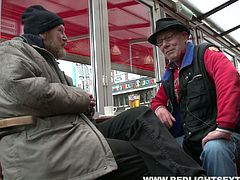 This brunette harlot has the full package; she's sexy, with a lovely face, a nice round ass and a never ending sex drive. A bit fat bearded dude tells her to show him her boobs and she lets him lick her juicy melons.