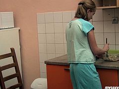 Lascivious girl with petite fresh body goes naughty in the kitchen. She takes off her skirt playing with her pussy. Jessica moans wild fondling her wet pussy.