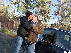 Marcus pulled over his car and started jerking on the road. He was masturbating in the middle of that road when two guys passed and seeing he is having so much fun, they've kissed in front of him. Soon Marcus had his share of love when this single guy stopped and started to suck him.