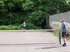 This two brunette bitches are playing good and coach thinks, that they deserve a little appreciation, and they are taking it happily. Girls reveal their boobs beneath the dress and let the coach, suck them hard. Then they are wrapping their juicy lips around his man meat right on the tennis court.