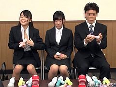 Two naughty and horny Japanese secretaries are being punished by their boss. He makes them take their undies off and spread their legs wide for some pussy plays!