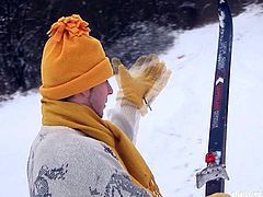 Spoiled blond milf is a real nympho. First she skis with her long-term young lover before she kneels down in front of horny dude to oral fuck his sturdy cock.