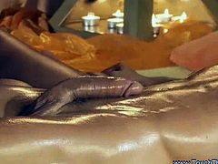 Hot buck naked babe gives a super hot and relaxing massage in this cock hardening video. She covers her man with oil and gives him a bath and gives a hot cock massage.