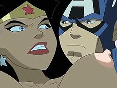 Captain America has found his way through a wormhole into the DC universe and he encounters Amazon goddess Wonder Woman. They fight first but then get sexual. He stick his thick cock in her tight hole and these two patriotic heroes fuck hard.