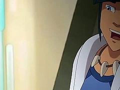 This chick and guy from the Galactik Football team get nasty with each other after a hard fought game of football on the field. She gets down on her knees and deepthroats his rock hard cock until he spews in her mouth.