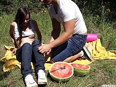 Thirsty dude rubs tasty pink pussy of teen chick with water melon. He licks wet pussy actively. Then brunette teen Tamara sucks big dick deepthroat having dirty oral sex outdoor.