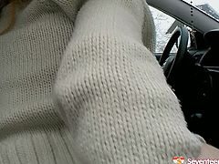 Adventurous babe is going wild and dirty in a car with door opened. She pokes her wet twat with sex toy solo masturbation passionately. Arousing free sex video presented by Seventeen Video specially for you on Any Sex.