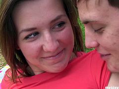 Amateur teen gal Bella exposes her tits and pussy in the park teasing her bf