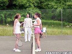 Abbie Cat and her sexy friend are two hot tennis babes and they enjoy some hardcore pounding on the court. His big stiff shaft is ready to destroy some pussies!