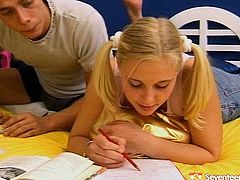 Insatiable fuck greedy young dude seduces his college mate as they prepare for exam together. He oral strokes her big firm tits before sticking his horny dick inside her mouth to get a blowjob.