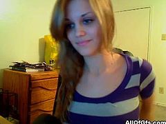 Smoking hot amateur chick takes off her t-shirt and flaunts her perfect natural tits. She starts touching her hot young body inn front of the webcam for the lucky guy on the other side of the screen.