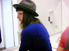 See a lovely brunette belle making out with her man before he pounds her hot pussy balls deep into a superb orgasm in the bathroom.