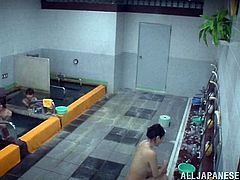 This Asian girl mixes up women's and men's bathroom but she takes her clothes off anyways and takes a bath. After some time she gives hot blowjob to several guys and also gets fucked.