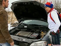 The car got stuck on a road so the guy decides to fuck to kill time. So he grabs girl's tits kneading them hard. Then he slips her jeans down penetrating her coochie from behind.