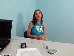 Innocent looking teen is interviewed and lured to show her big natural tits. She's really shy at first but afterwards she agrees to show her attributes.