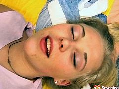 Slutty blonde girl with ponytails bounces her booty on a solid dick of her teacher. Then she is rammed bad from behind. The guy cums on her stomach shooting big load. Without having a pause to reload he continues on fucking brains out of this slut.