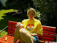 Naive looking Russian blond amateur takes a stroll outdoors. Later she sits on the bench getting tired from a midday sun. She takes off her clothes to poke her vagina with a banana.