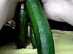 Extreme amateur slut stretches her loose vagina with a glass whiskey bottle and three large cucumbers