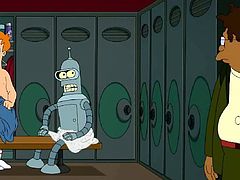 The Planet Express crew is in the locker room washing up. Fry walks in on his girlfriend Leela and his ex Amy in the shower having lesbian sex. They have been caught so they offer to give him a blowjob so he doesn't tell Bender and the Professor.