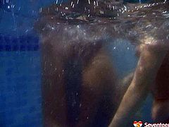 Spoiled brunette amateurs get into the pool filled with hot water fully naked to play a water polo. Later they fully plunge under water in perverse sex clip by Seventeen Video.