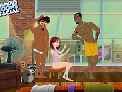 In this episode of the dating guy a cute redhead sucks two black cocks. One guy is a gross nerd and the other is a hunk. She doesn't care either way because she needs sex and bid dicks to suck on. She can't get enough.