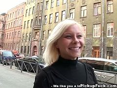 This sexy blonde babe, walking the European streets gets stopped by two guys who convince her to go with them to a secluded area and suck dick in this free tube movie.