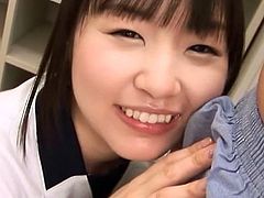 This Japanese schoolgirl makes out with her older boyfriend when he's feeling down. She reaches her hand into the leg of his underwear to grab his cock and makes him hard. She pulls his wiener out and licks the tip and sucks him off.