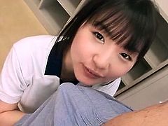 This Japanese schoolgirl makes out with her older boyfriend when he's feeling down. She reaches her hand into the leg of his underwear to grab his cock and makes him hard. She pulls his wiener out and licks the tip and sucks him off.