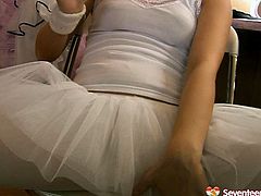 Petite bodied girl with flat titties is professional ballerina. She looks like a true angel wearing tutu skirt. Watch her slipping down her pantyhose to reach vaginal hole so she masturbates with dildo.