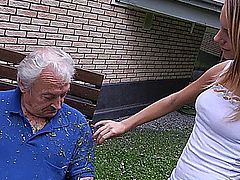 Young nasty Bernice splashed grandpa Gustavo with all the grass she cutted. Now she has to make it up with him and the best way to do it is by sucking his cock, licking his balls and giving her pussy to play with it