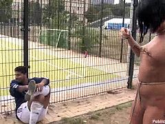 This sassy and desirable siren Carmen Blue is having a lot of fun. She gets tied up and fucked doggy style. It all happens in public and outdoors!