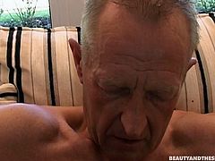 Tied up and blindfolded old man gets a solid blowjob provided by slim hot blondie and kinky brunette. Voracious cuties with sweet tits get then fucked missionary by horny slim and pale gaffer right on the floor.