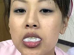 Hot japanese in sexy uniform enjoys sucking cock and swallowing its juice