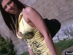 Mesmerizing brunette bombshell takes a walk outdoor wearing a steamy mini dress before she gets picked up by a horny dude who rides her to his place for steamy fuck.