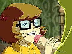 Instead of solving mysteries the gang is having dirty sex. Velma gets down on her knees in the haunted house and the cute nerd sucks Shaggy's long cock. She deep throats him while Scooby Doo watches.